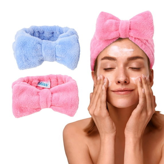 Bliss Women's Spa Headband - 2 Pack Microfiber Makeup Headband with Bow - Hair Band for Washing Face, Facials, Skincare, Shower