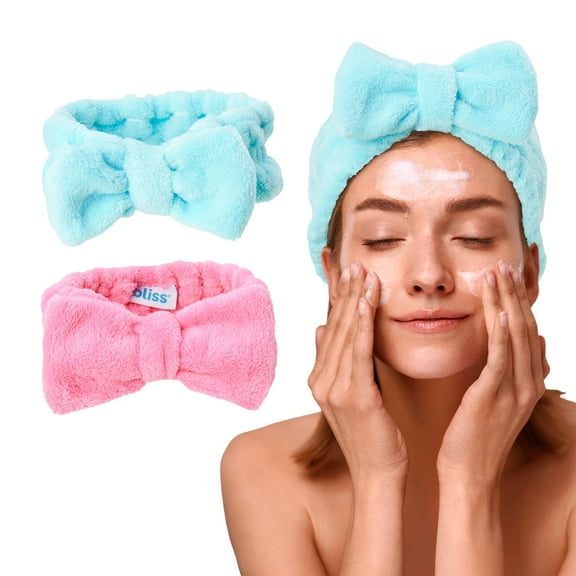 Bliss Women's Spa Headband - 2 Pack Microfiber Makeup Headband with Bow - Hair Band for Washing Face, Facials, Skincare, Shower