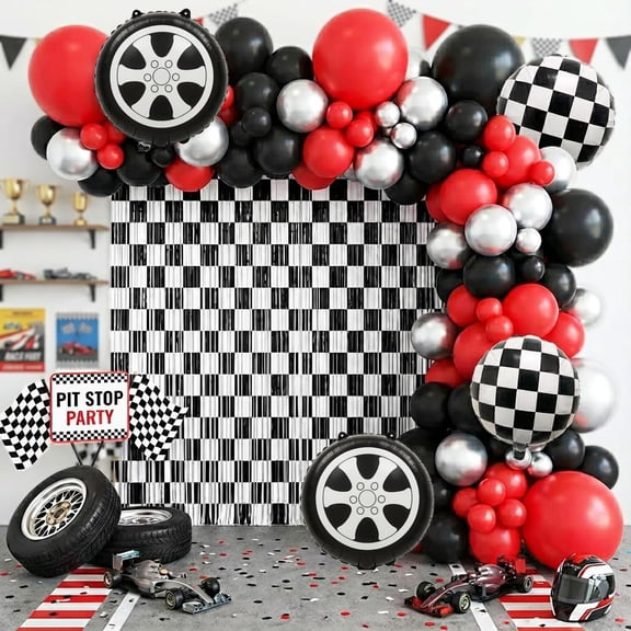 BlissBash 132Pcs Race Car Balloon Arch Garland Kit With Red Black Metallic Silver Checkered Wheel Balloons Checkered Fringe Curtain for Race Car Theme Birthday Decor, Fast One Party Backdrop C113