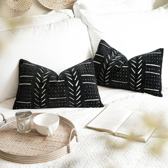 BlissBlush Black Decorative Lumbar Throw Pillow Covers 12X20, Set of 2, Boho Farmhouse Cushion Cover, Soft Accent Pillowcase for Couch Sofa Bed Living Room Home Décor