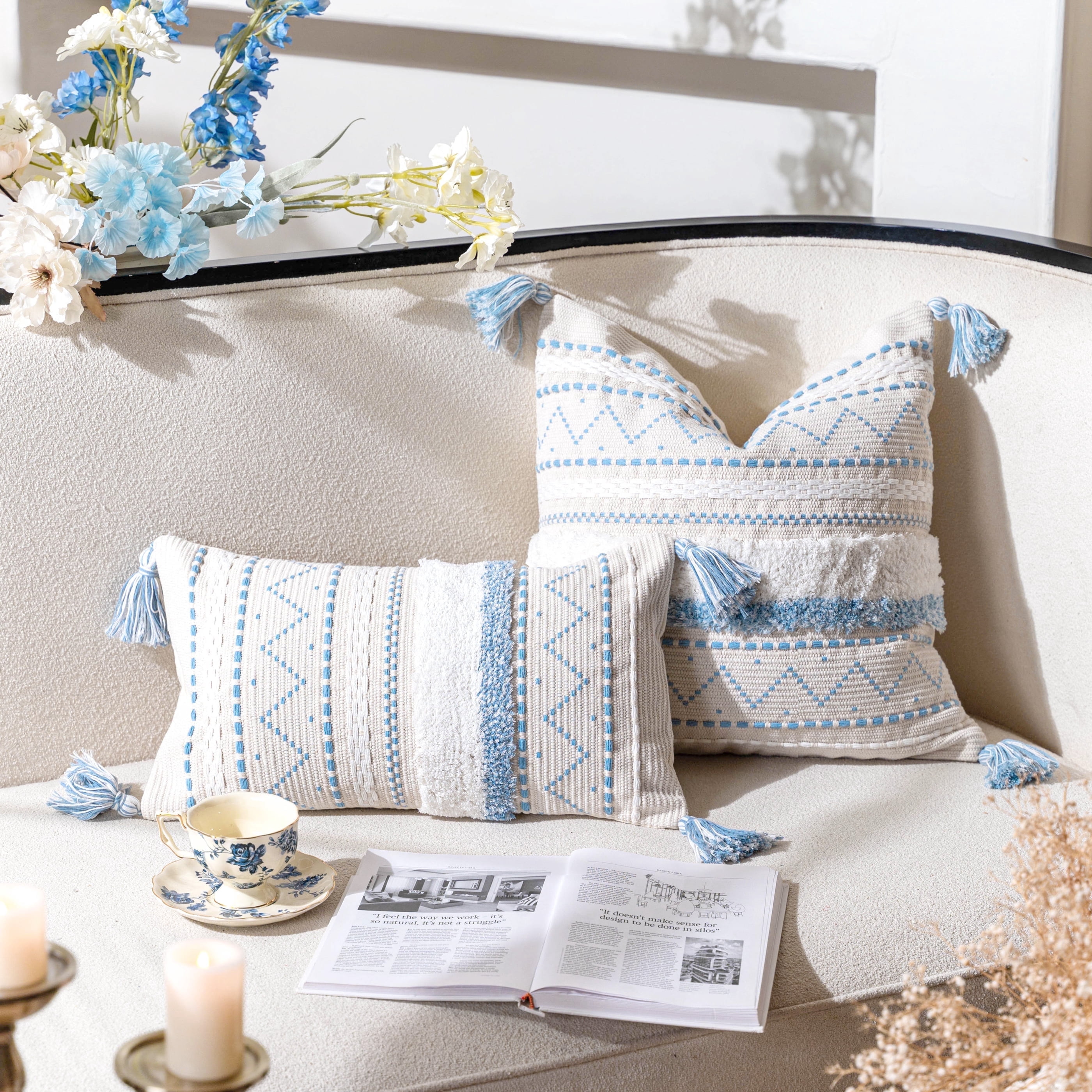 BlissBlush Blue Decorative Lumbar Throw Pillow Cover 12x20 Combo Set of 2 Rectangular Coastal Boho Accent Pillowcase Neutral Farmhouse Cushion for Couch Sofa Bedroom Living Home Décor Cover ONLY