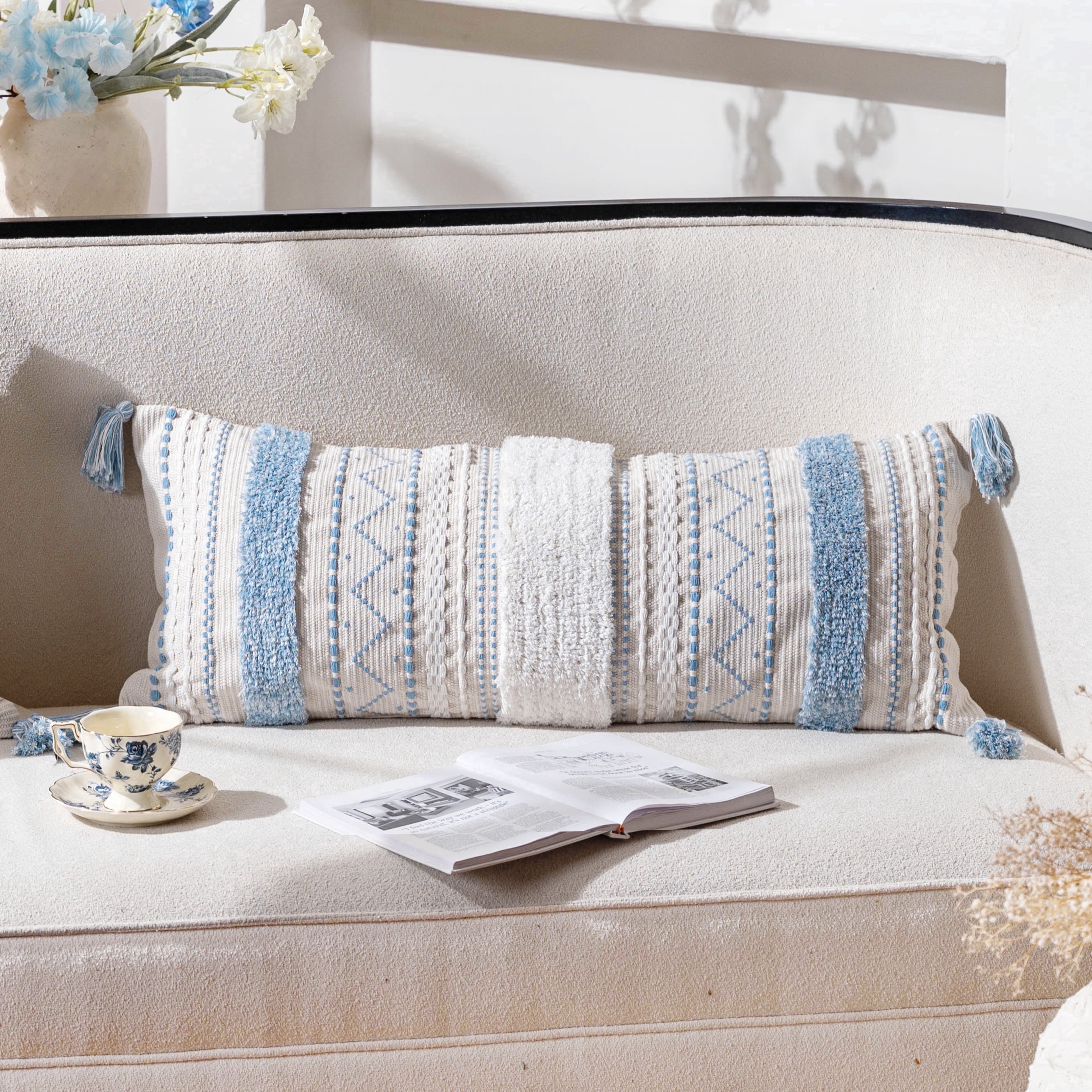 BlissBlush Blue Decorative Lumbar Throw Pillow Cover 14x36 Boho Long Cushion for Bed Neutral White Accent Farmhouse Pillowcase for Bedroom Living Room Couch Sofa Home Décor (Cover ONLY, Pack of 1)