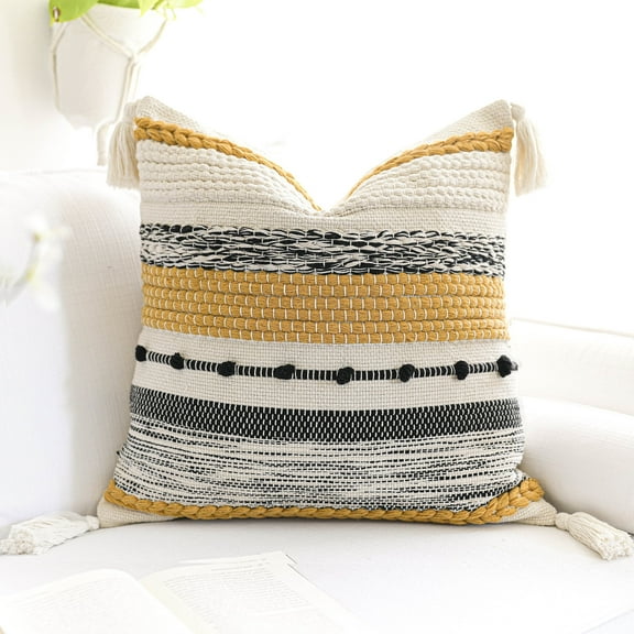 BlissBlush Boho Decorative Throw Pillow Cover 22x22 Square Yellow Mustard Accent Pillowcase Tassels Farmhouse Cushion for Couch Sofa Bedroom Living Room Home Décor Cover ONLY (Pack of 1)