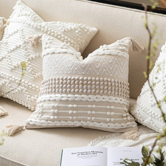 BlissBlush Boho Throw Pillow Cover 20X20, Decorative Accent Pillow for Couch, Square Woven Textured Pillowcase, Modern Boho Pillow for Bed, Bohemian Pillow Cover, Cream White Neutral (Pack of 1)