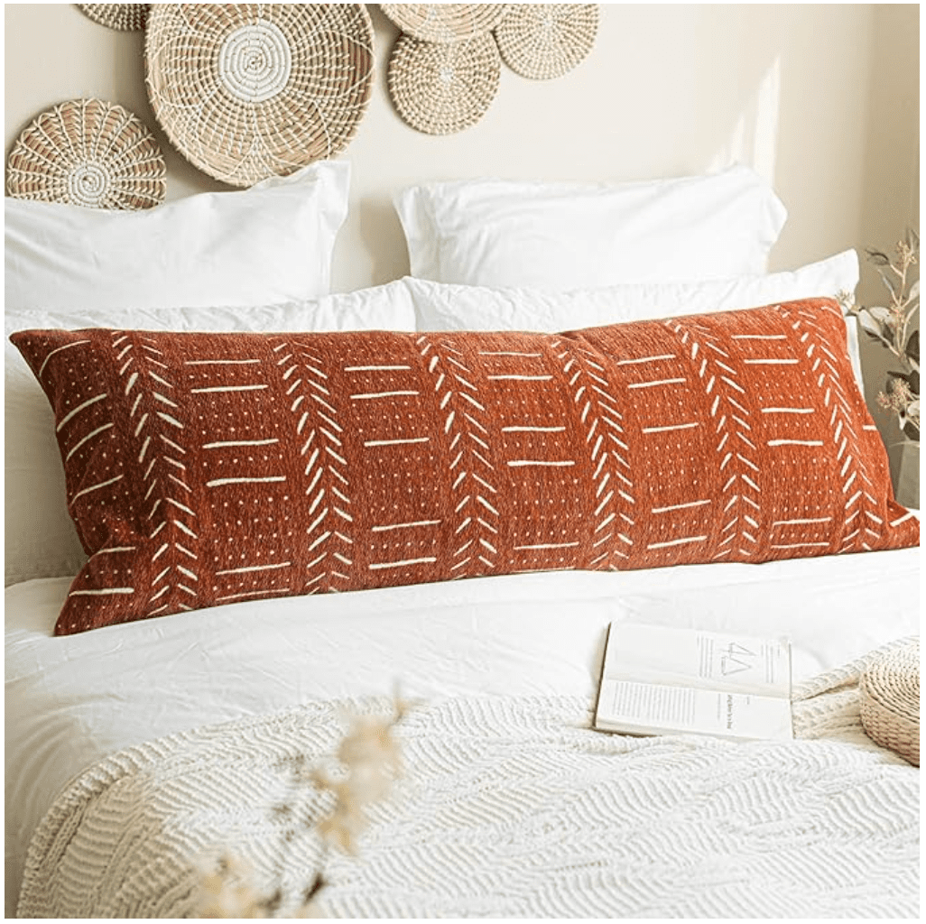 BlissBlush Brick Red Soft Chenille Boho Body Pillow Cover 20x54, Decorative Oversized Long Lumbar Pillow, Boho Textured Oversize Body Pillow, Cover ONLY