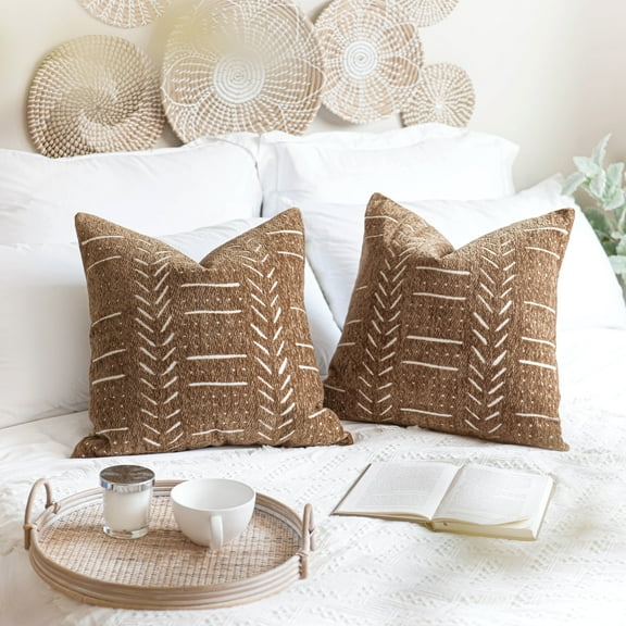 BlissBlush Brown Decorative Throw Pillow Covers 20X20, Set of 2, Boho Farmhouse Cushion Cover, Cozy Soft Accent Pillowcase for Couch Sofa Bed Living Room Home Décor
