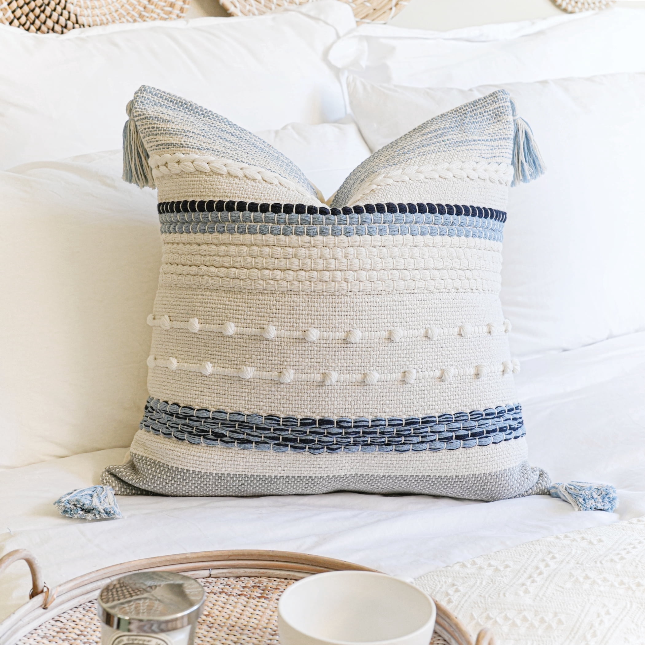 BlissBlush Coastal Blue Boho Decorative Throw Pillow Cover 18x18 Modern Bohemian Accent Pillow Case Square Woven Textured Farmhouse Pillows for Couch Bed (Pack of 1)