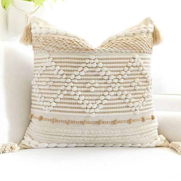 BlissBlush Cream White Boho Throw Pillow Cover 20X20, Boho Woven Textured Pillow Cover, Neutral Pillow Cover, Sofa Couch Bed Farmhouse Lumbar Pillow (Cover ONLY)