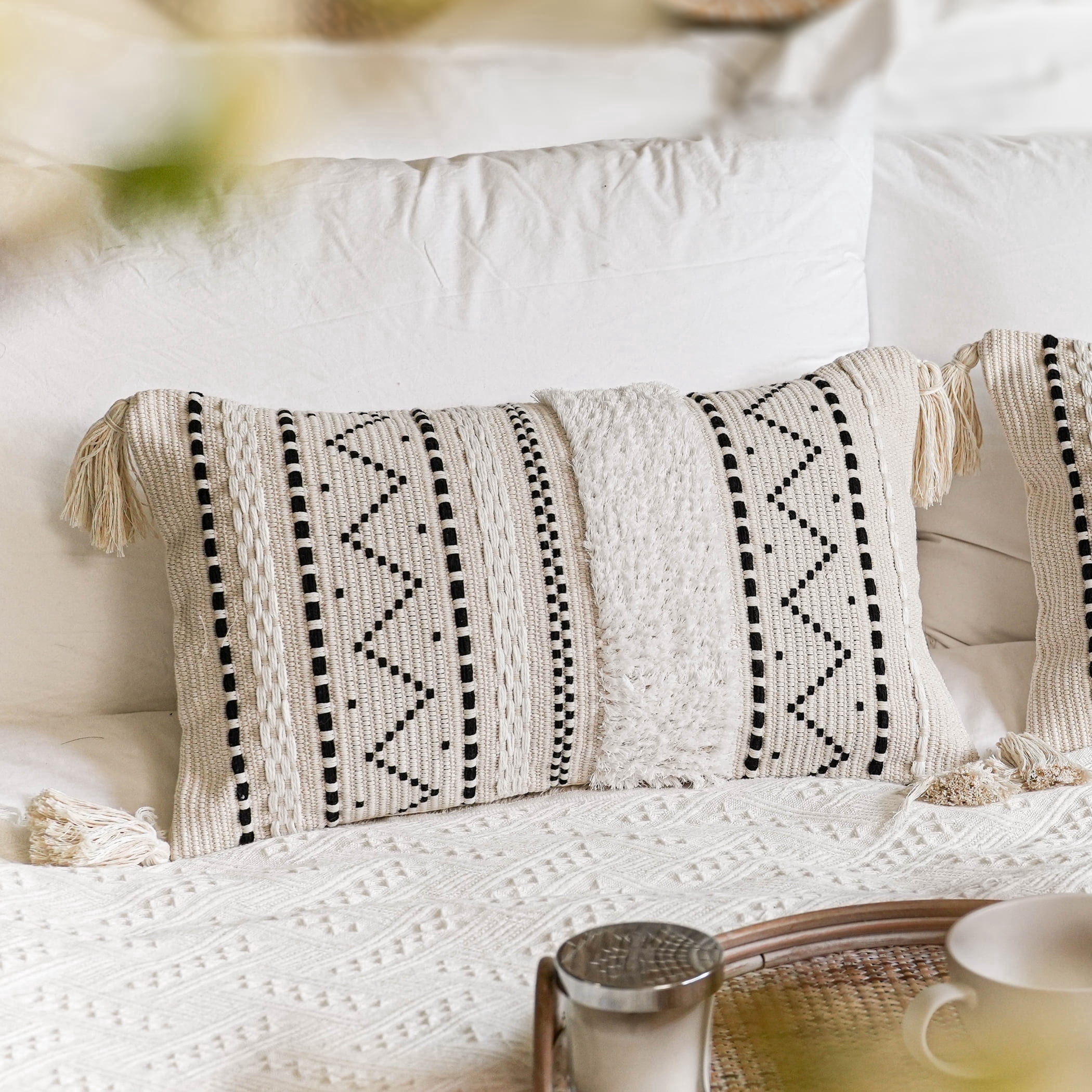 BlissBlush Decorative Lumbar Throw Pillow Cover 12x20 Combo Set of 2 Rectangular Boho Accent Pillowcase Black Neutral Farmhouse Cushion for Couch Sofa Bedroom Living Home Décor Cover ONLY