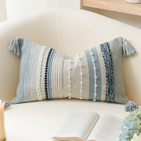 BlissBlush Decorative Lumbar Throw Pillow Cover 14x24 Boho Coastal Blue Accent Cushion for Couch Sofa Farmhouse Pillowcase for Bedroom Living Room Home Décor Cover ONLY