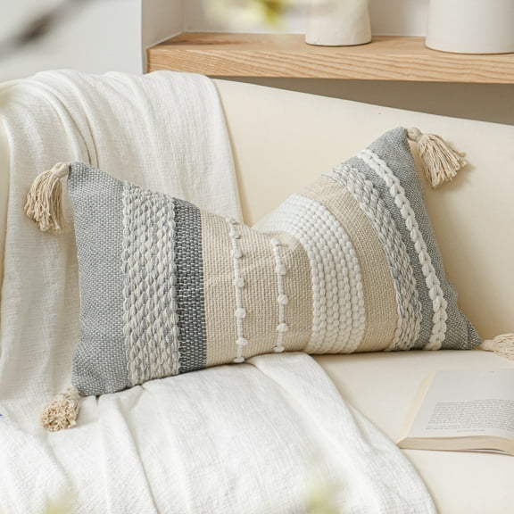 BlissBlush Decorative Lumbar Throw Pillow Cover 14x24 Boho Gray Accent Cushion for Couch Sofa Farmhouse Pillowcase for Bedroom Living Room Home Décor Cover ONLY