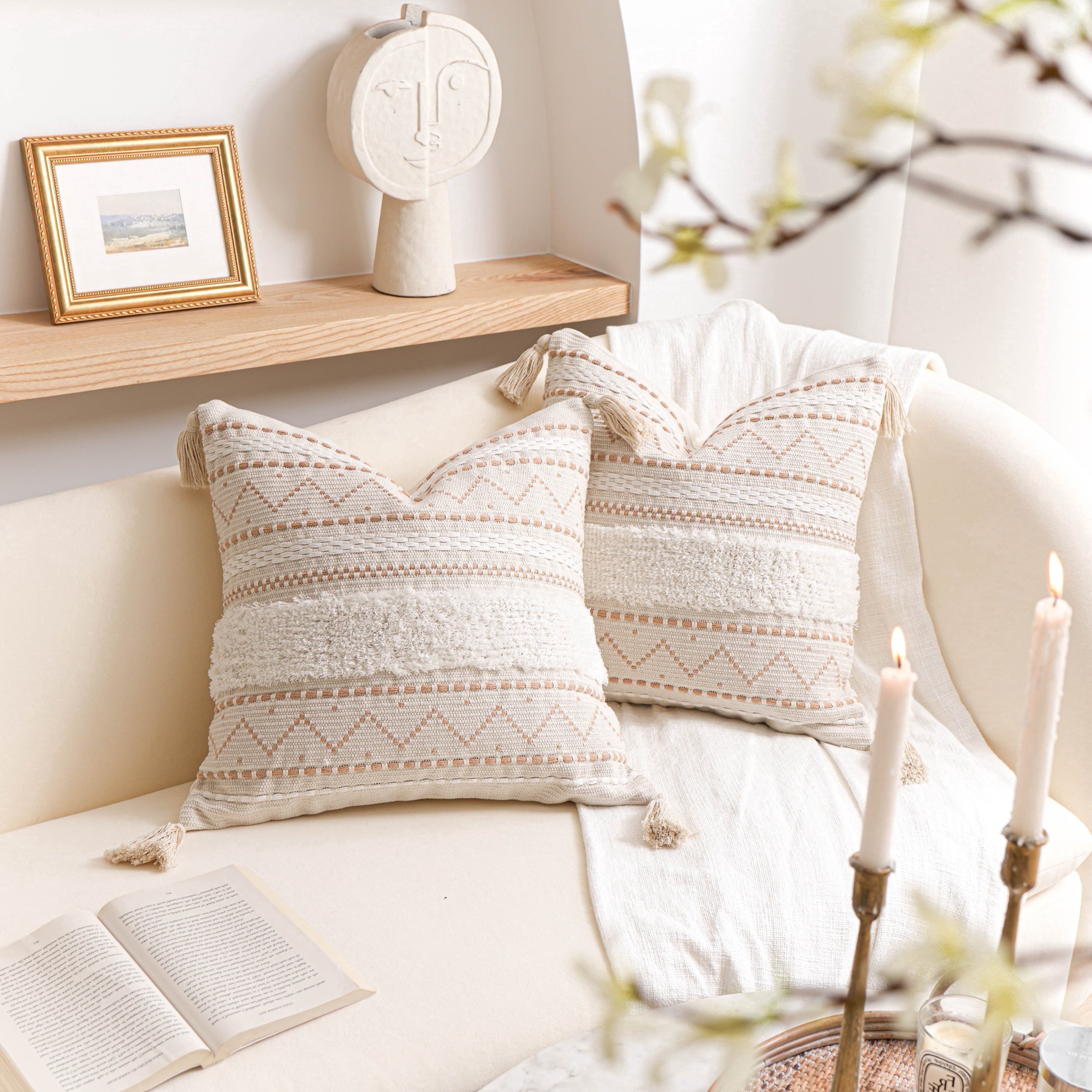 BlissBlush Decorative Throw Pillow Cover 18X18 Combo Set of 2 Square Cream Neutral White Boho Accent Pillowcase Tassels Farmhouse Cushion for Couch Sofa Bedroom Living Room Home Décor Cover ONLY