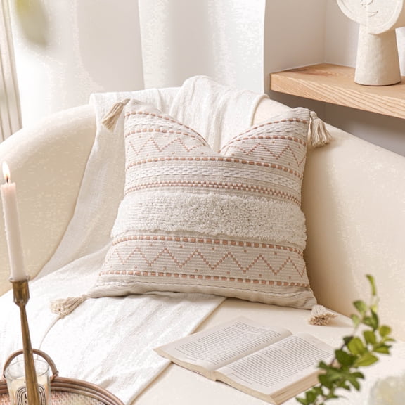 BlissBlush Decorative Throw Pillow Cover 18x18 Square Cream Neutral White Boho Accent Pillowcase Tassels Farmhouse Cushion for Couch Sofa Bedroom Living Room Home Décor (Cover ONLY, Pack of 1)