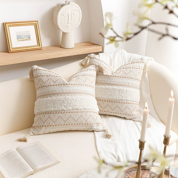 BlissBlush Decorative Throw Pillow Cover 20x20 Combo Set of 2 Square Cream Neutral White Boho Accent Pillowcase Tassels Farmhouse Cushion for Couch Sofa Bedroom Living Room Home Décor Cover ONLY