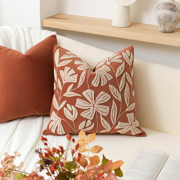 BlissBlush Fall Throw Pillow Cover 20x20, Rust Brick Red Soft Velvet Floral Decorative Accent Throw Pillowcase, Tufted Farmhouse Pillowcase for Couch Sofa Living Room Home Décor
