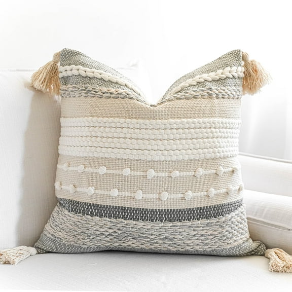 BlissBlush Gray Boho Throw Pillow Cover 20x20 Grey Decorative Accent Pillow for Couch Square Woven Textured Pillowcase Modern Farmhouse Pillow for Bed Bohemian Pillow Cover (Pack of 1)