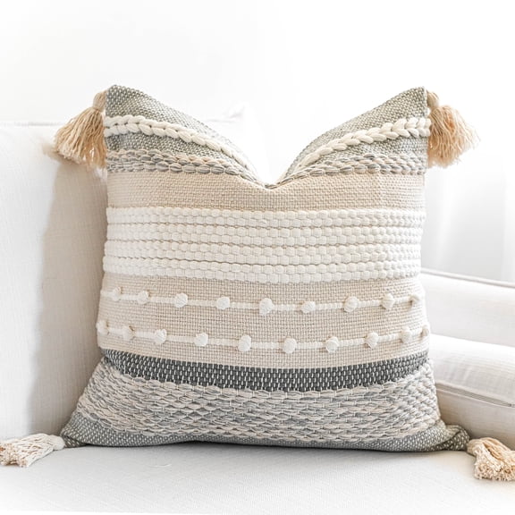 BlissBlush Gray Boho Throw Pillow Cover 20x20 Grey Decorative Accent Pillow for Couch Square Woven Textured Pillowcase Modern Farmhouse Pillow for Bed Bohemian Pillow Cover (Pack of 1)
