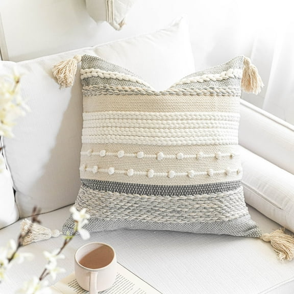 BlissBlush Gray Boho Throw Pillow Cover 22x22, Grey Decorative Accent Pillow for Couch, Square Woven Textured Pillowcase, Modern Farmhouse Pillow for Bed, Bohemian Pillow Cover (Pack of 1)