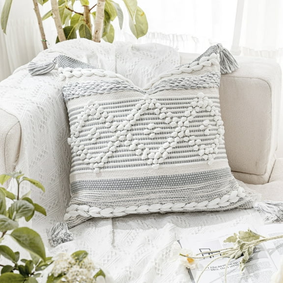 BlissBlush Gray Cream White Boho Throw Pillow Cover 20X20, Boho Woven Textured Pillow Cover, Neutral Pillow Cover, Sofa Couch Bed Farmhouse Lumbar Pillow (Cover ONLY)