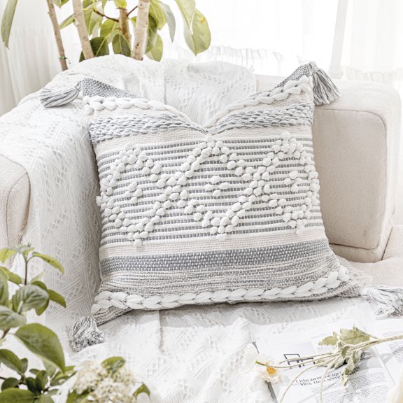 BlissBlush Gray Cream White Boho Throw Pillow Cover 20X20, Boho Woven Textured Pillow Cover, Neutral Pillow Cover, Sofa Couch Bed Farmhouse Lumbar Pillow (Cover ONLY)
