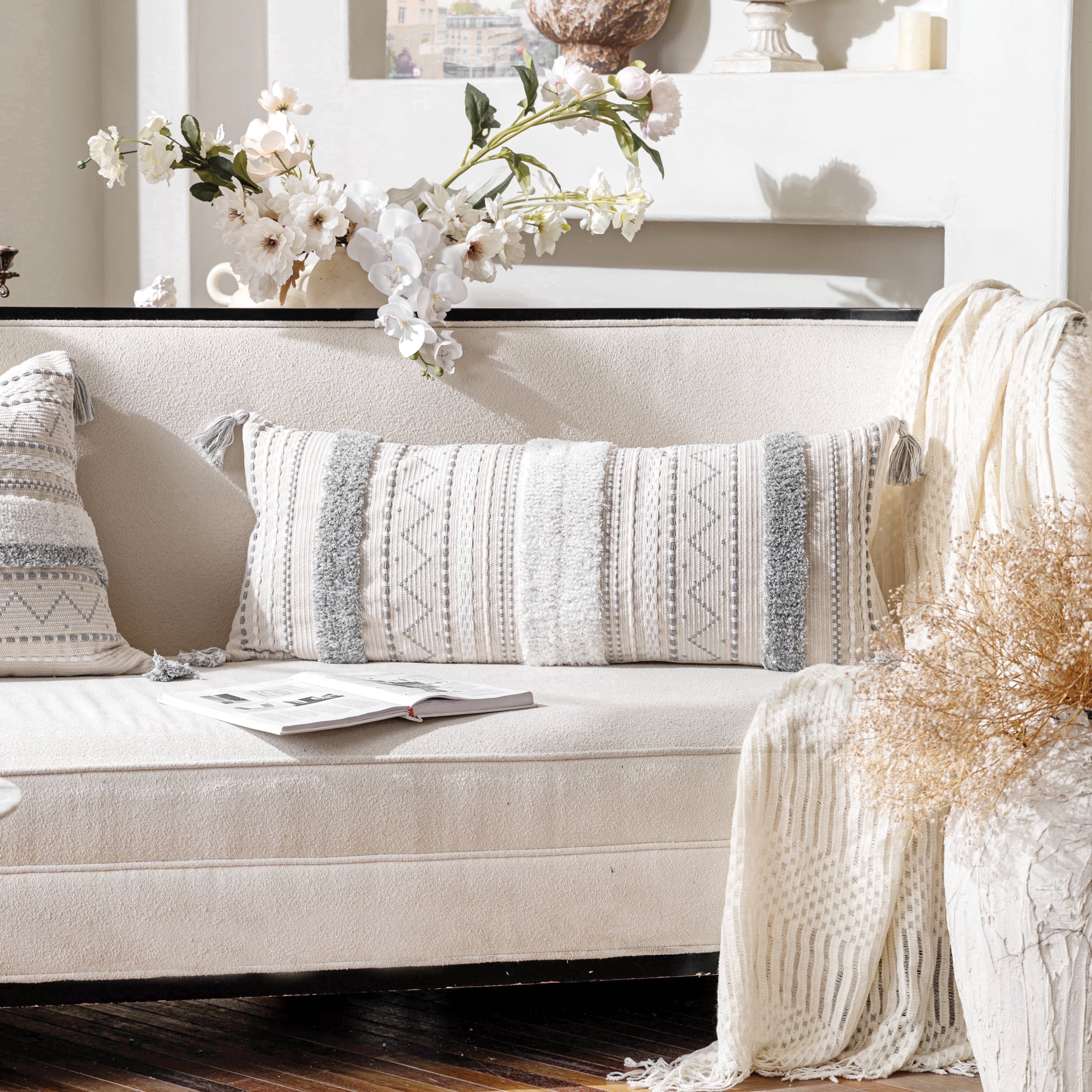 BlissBlush Gray Decorative Lumbar Throw Pillow Cover 14x36 Boho Long Cushion for Bed Neutral White Accent Farmhouse Pillowcase for Bedroom Living Room Couch Sofa Home Décor (Cover ONLY, Pack of 1)
