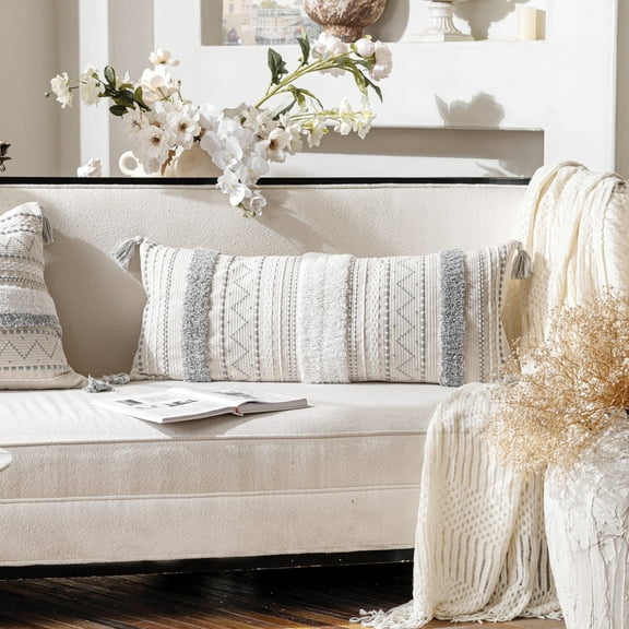 BlissBlush Gray Decorative Lumbar Throw Pillow Cover 14x36 Boho Long Cushion for Bed Neutral White Accent Farmhouse Pillowcase for Bedroom Living Room Couch Sofa Home Décor (Cover ONLY, Pack of 1)