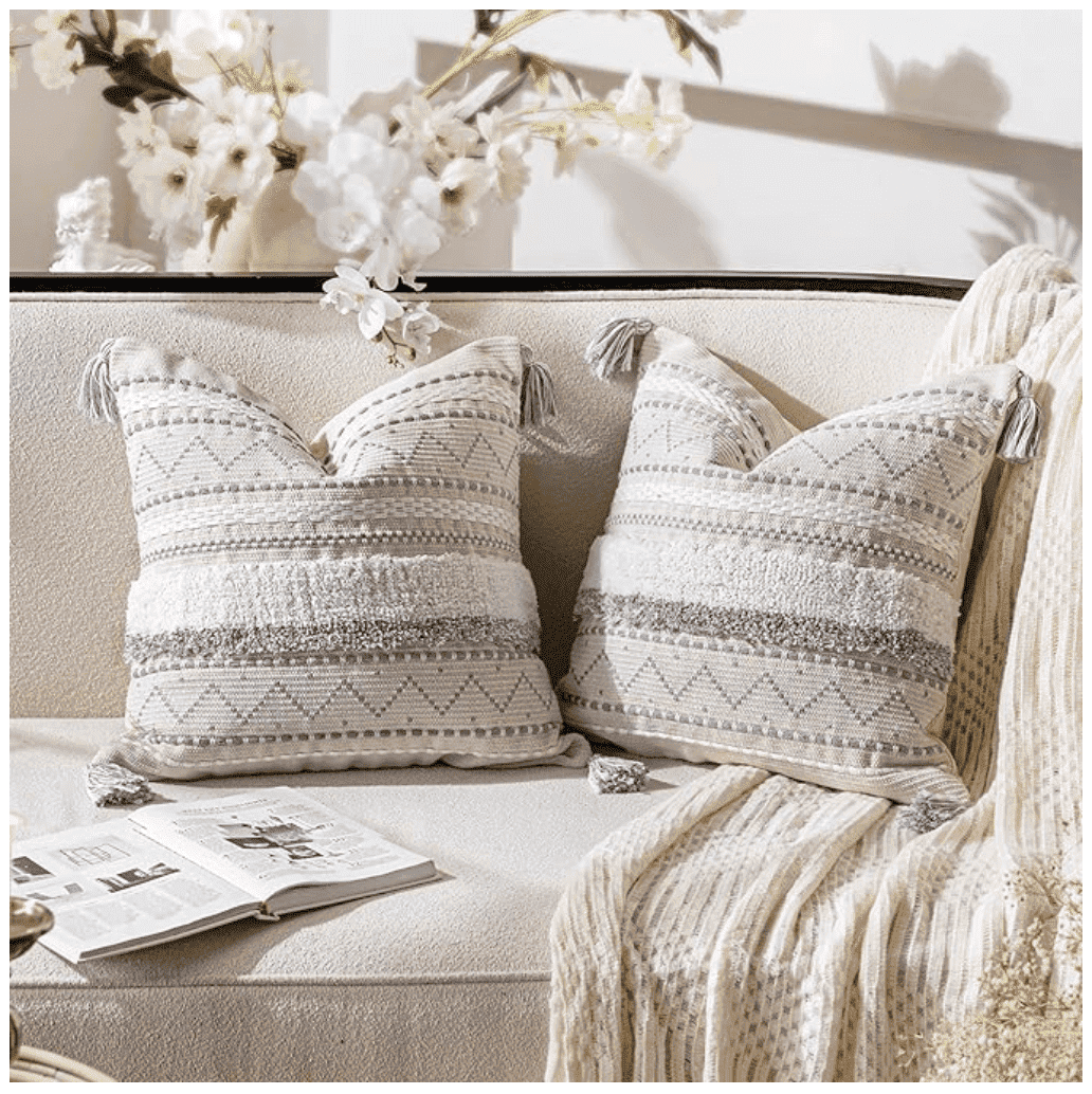 BlissBlush Gray Decorative Throw Pillow Cover 20x20 Combo Set of 2 Square Boho Neutral Grey Accent Pillowcase Tassels Farmhouse Cushion for Couch Sofa Bedroom Living Room Home Décor Cover ONLY