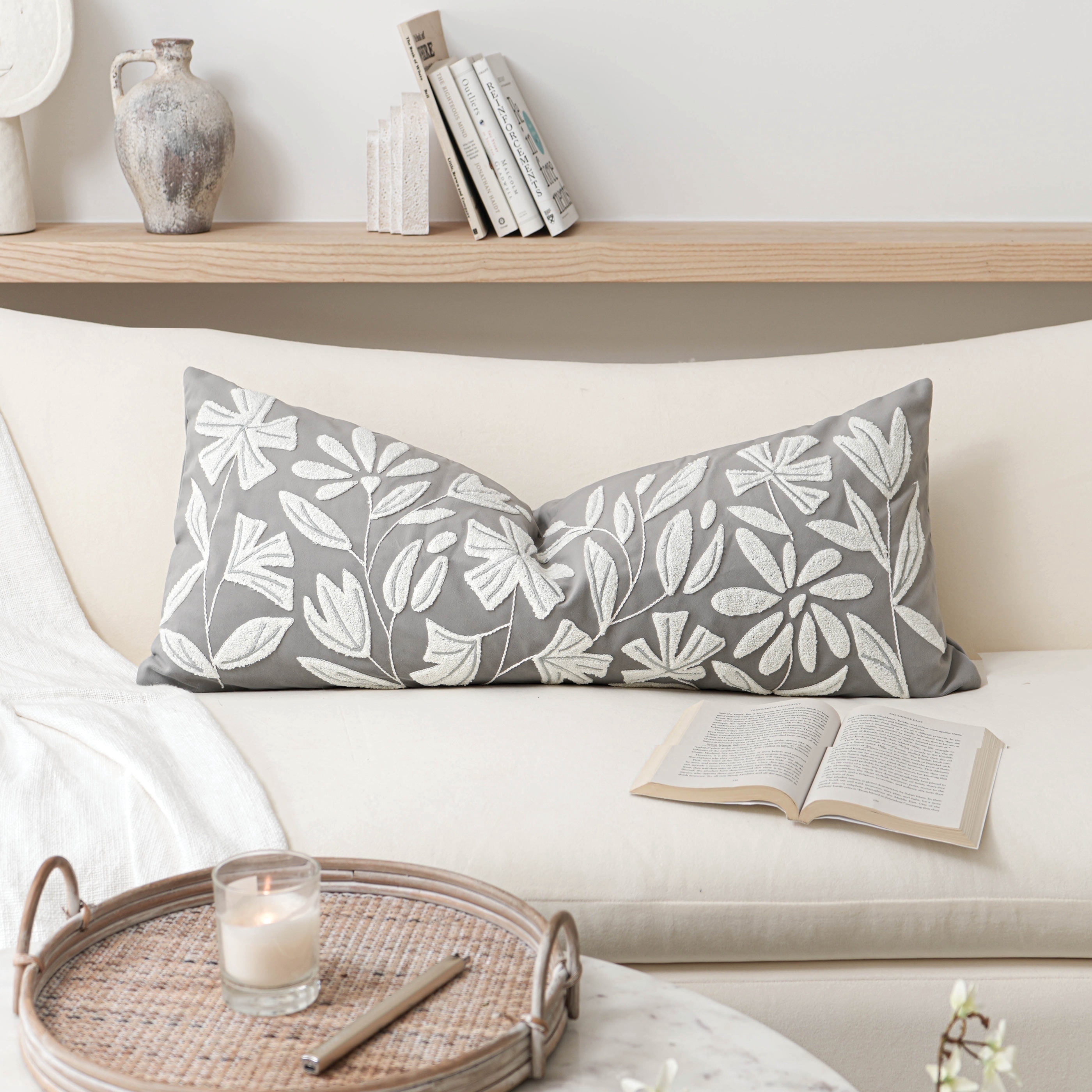 BlissBlush Grey Velvet Decorative Long Lumbar Pillow Cover 14x36, Light Gray Soft Body Pillow for Bed, Accent Lumbar Throw Pillow for Bedroom, Modern Farmhouse Textured Pillowcase
