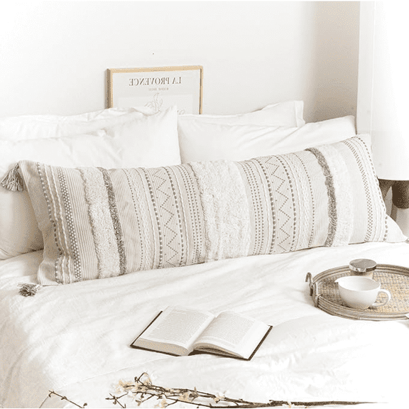 BlissBlush Large Body Pillow Cover for Bed 20x54 Gray Boho Accent Oversized Long Pillowcase for Bedroom Neutral White Decorative Cushion Farmhouse Home Décor (Cover ONLY, Pack of 1)