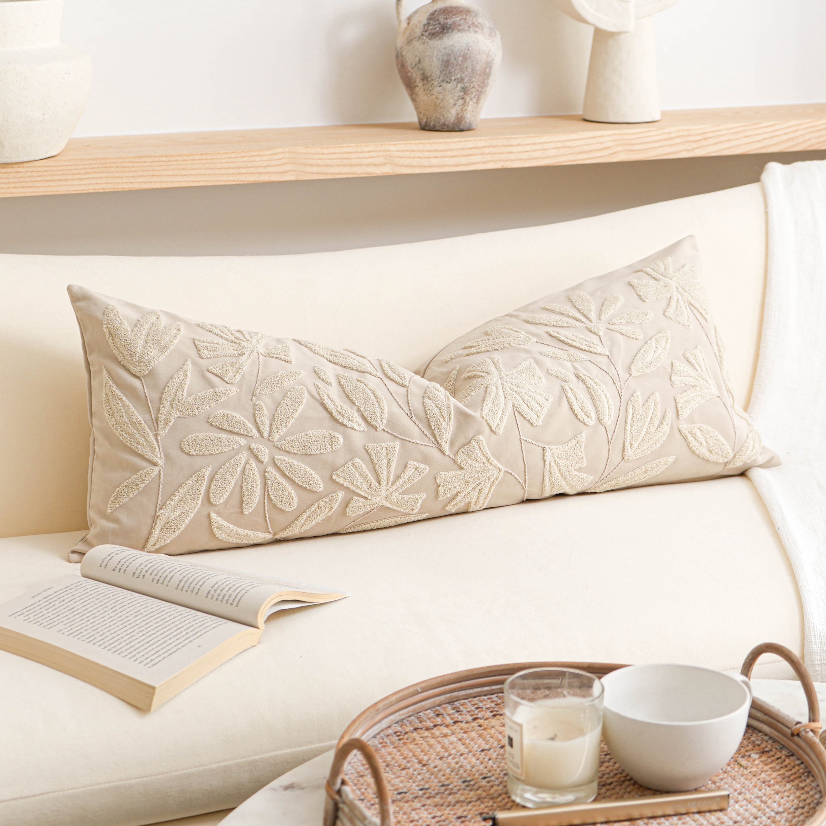 BlissBlush Light Beige Velvet Decorative Long Lumbar Pillow Cover 14x36, Neutral Floral Soft Body Pillow for Bed, Accent Lumbar Throw Pillow for Bedroom, Modern Farmhouse Textured Pillowcase