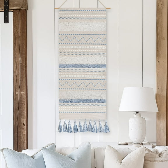 BlissBlush Long Vertical Wall Hanging Tapestry Coastal Blue Woven Boho Farmhouse Décor Tassel Handmade Wall Art Decoration for Bedroom Living Room Dorm Nursery Apartment, 16x39 INCH