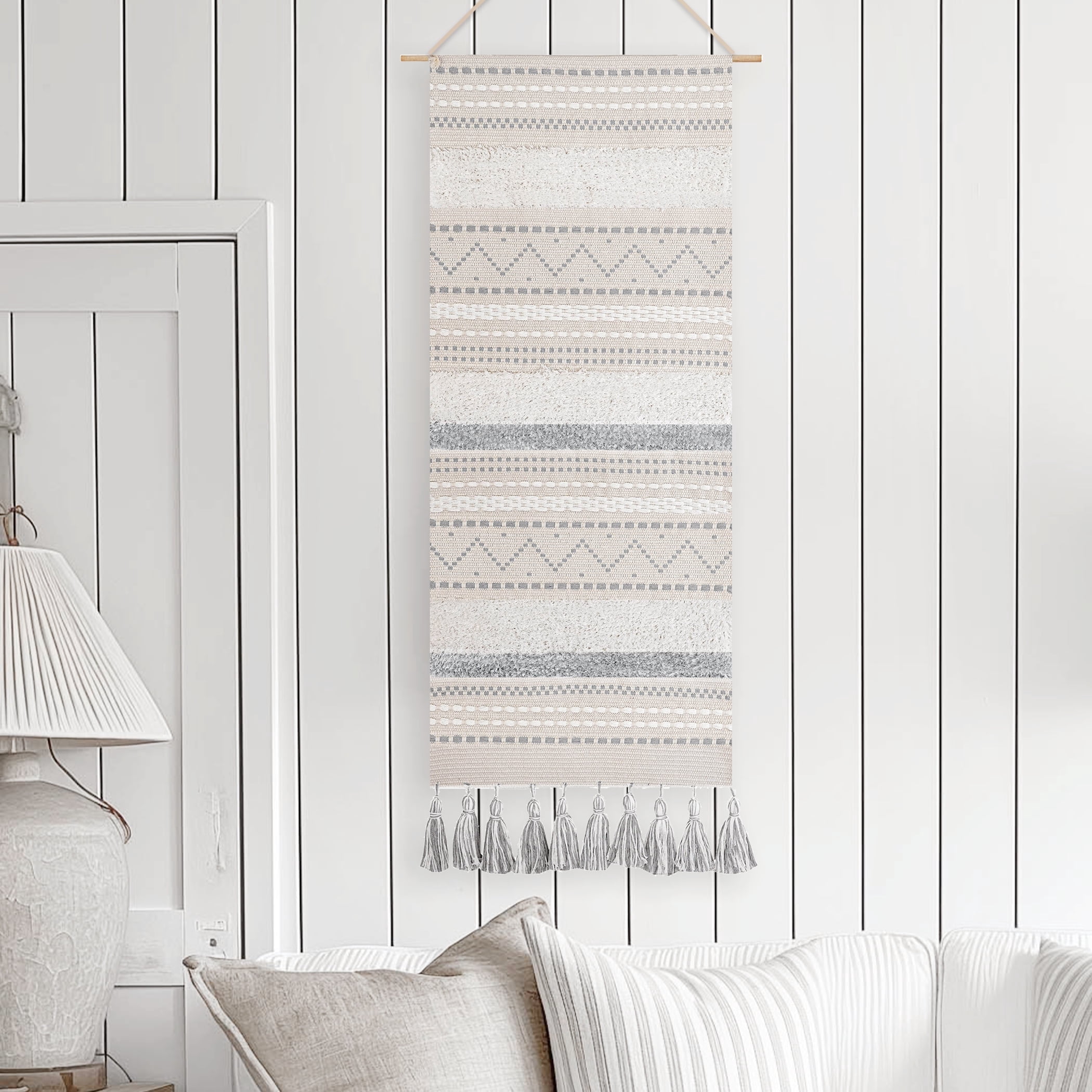 BlissBlush Long Vertical Wall Hanging Tapestry Woven Boho Farmhouse Decor Gray Cream Tassel Handmade Wall Art Decoration for Bedroom Living Room Dorm Nursery Apartment, 16x39 INCH