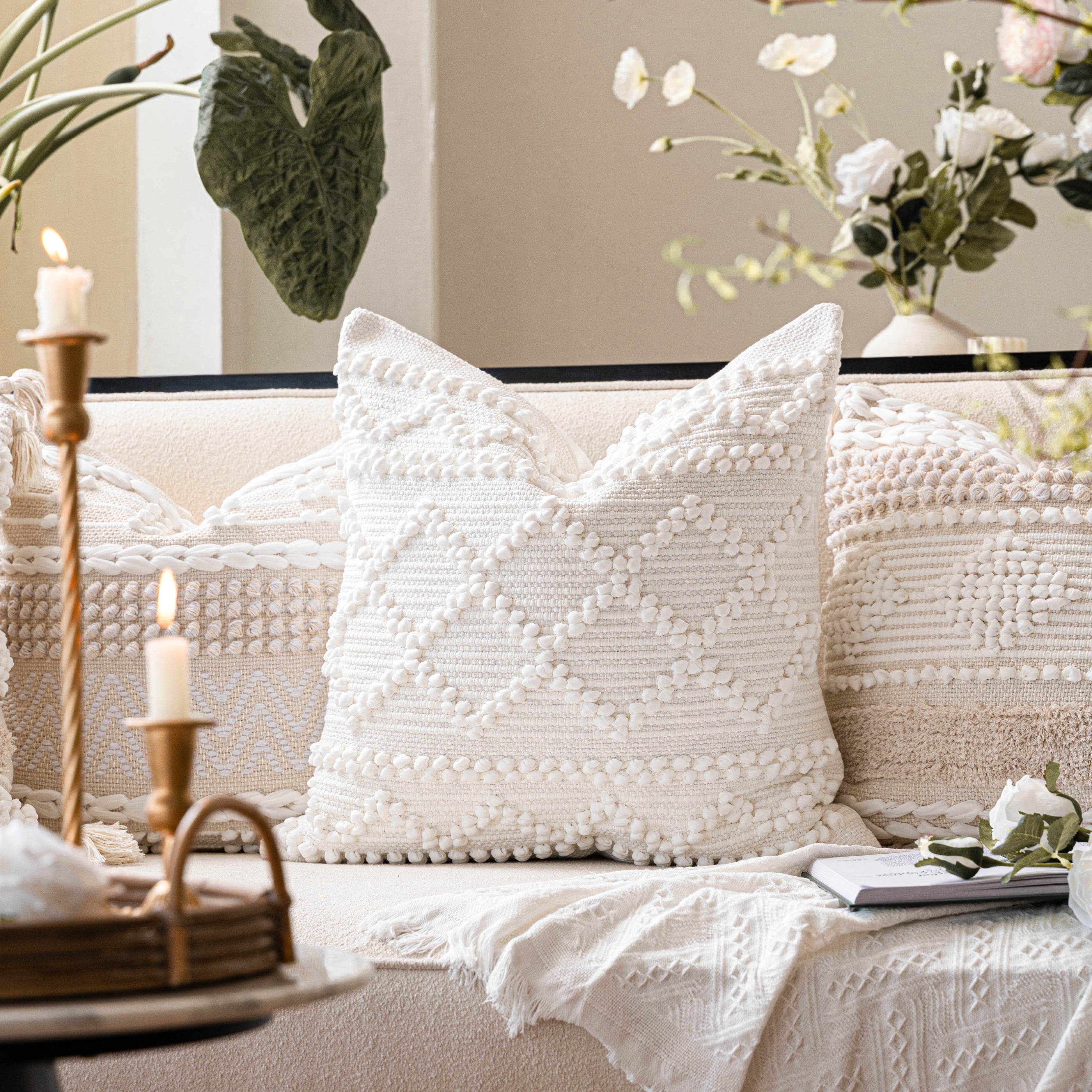 BlissBlush Pure White Decorative Throw Pillow Cover 20X20, Boho Accent Pillow for Couch, Square Modern Farmhouse Pillowcase for Living Room Couch Sofa Cushion Home Décor (Pack of 1)