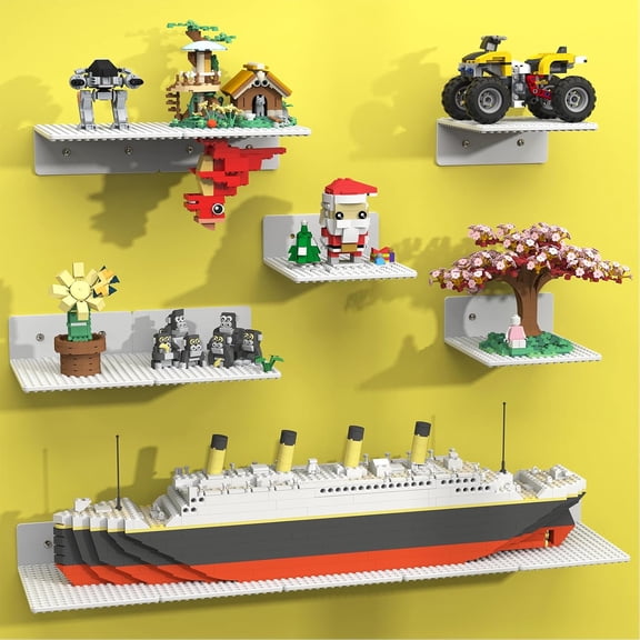 BlissBox 12-Pack Floating Shelves for Wall Compatible with Lego Building Bricks, 5x5.5inch Dual‑Sided 16x17 Studs for Toy Brick Storage and Display, ABS Display Shelves for Room Decor, White