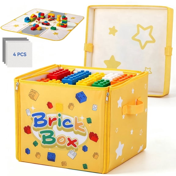 BlissBox 3-in-1 Toy Storage Organizer, Play Mat & Building Baseplates, 30 QT Storage, 4 LEGO Compatible Baseplates, Easy Cleanup & Zip-Close Design for Kids