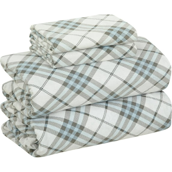 BlissCasa 4-Piece 150 GSM Blue Check Cotton Bed Sheet Set, King - Warm Breathable