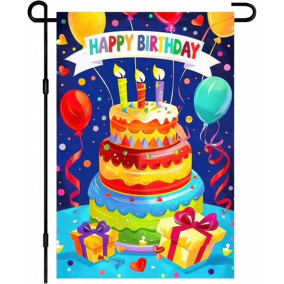 Birthday Garden Flag Yard Banner Double Sided Cake Balloon Design 12x18 Inch Small Outdoor Flag for Lawn Patio Home Party Decoration