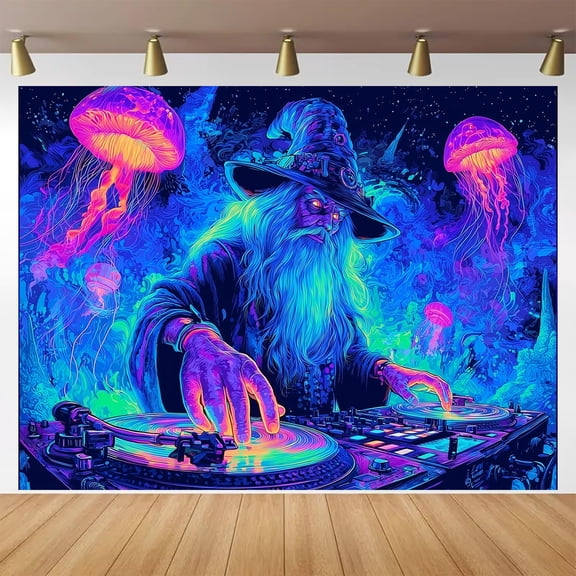 BlissYard Psychedelic Wizard DJ Blacklight Tapestry UV Reactive Glow In The Dark Wall Hanging With Neon Jellyfish Galaxy Trippy Poster Black Light Tapestries For Bedroom Party Decor 78x59 Inch C113