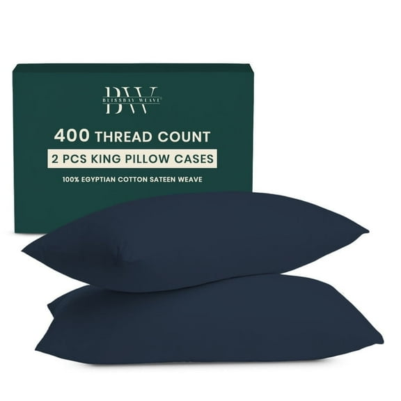 Blissbayweave King Size Pillow Cases Set of 2 - 400 Thread Count Egyptian Cotton Pillowcases - Sateen Pillowcases - Navy Blue