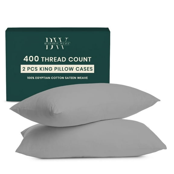 Blissbayweave King Size Pillow Cases Set of 2 - 400 Thread Count Egyptian Cotton Pillowcases - Sateen Pillowcases - Light Grey