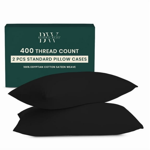Blissbayweave Pillow Cases Queen Size Set of 2 - 400 Thread Count Egyptian Cotton Pillowcases - Sateen Pillowcases - Black