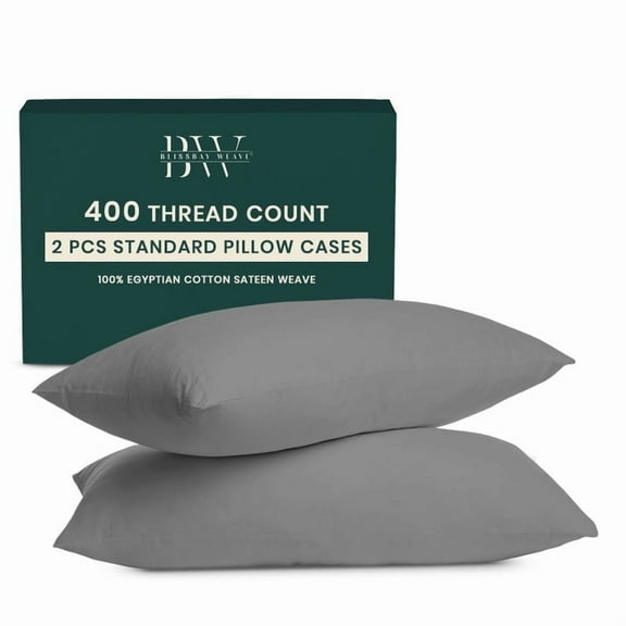 Blissbayweave Pillow Cases Queen Size Set of 2 - 400 Thread Count Egyptian Cotton Pillowcases - Sateen Pillowcases - Dark Grey