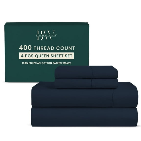 Blissbayweave 4-Piece Queen Size Sheet Set - 100% Egyptian Cotton Sheets Queen Size - 400 Thread Count Sheets - Navy Blue
