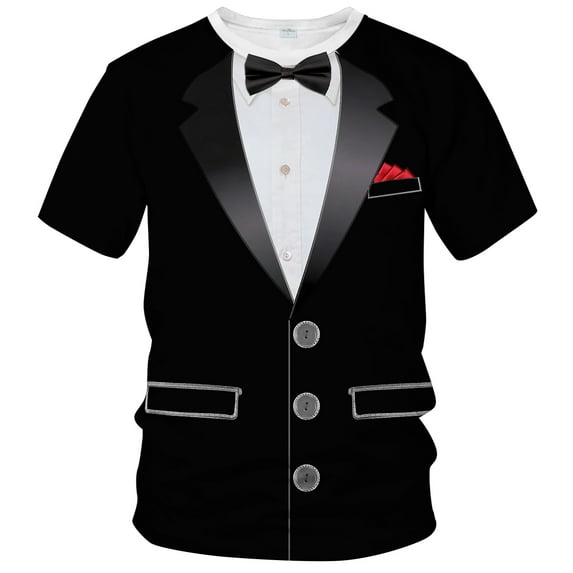 Blissboy Tuxedo T-Shirt Funny Suit Design Graphic T-Shirt Novelty Tux Shirt Fake Suit Tee with Bowtie, Unisex Adult