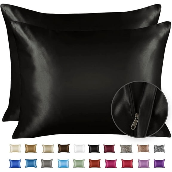 Blissford Luxury Black Satin Pillowcase with Zipper Closure, Queen 2-Pack