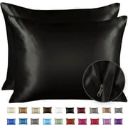 BLISSFORD Satin Pillowcase with Zipper, for Hair and Skin Care, Feels Soft and Cool Like a Silk Pillowcase, Satin Pillow Cases 2 Pack, Silk Pillow Cover, Black 