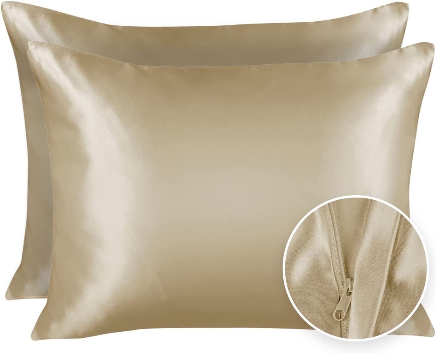 Champagne Satin Silk Standard Pillowcase Set with Zipper Closure
