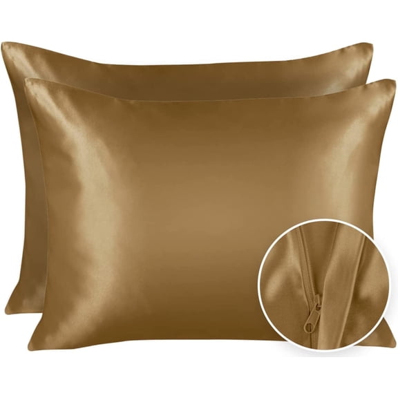 BLISSFORD Satin Pillowcase with Zipper, for Hair and Skin Care, Feels Soft and Cool Like a Silk Pillowcase, Satin Pillow Cases 2 Pack, Silk Pillow Cover, Gold - King Size, Set of 2