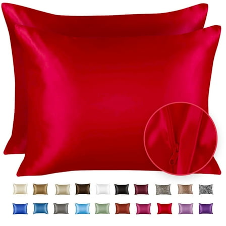 Blissford Luxury Red Satin Pillowcase with Zipper Closure, Queen 2-Pack