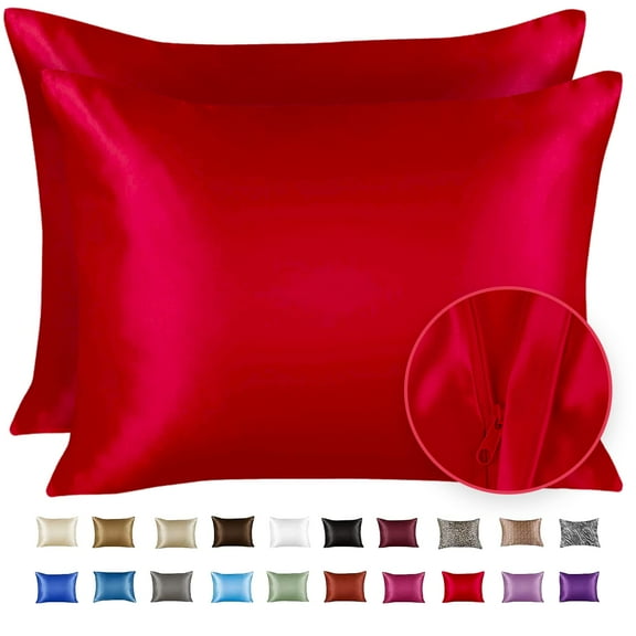 Blissford Luxury Red Satin Pillowcase with Zipper Closure, Queen 2-Pack